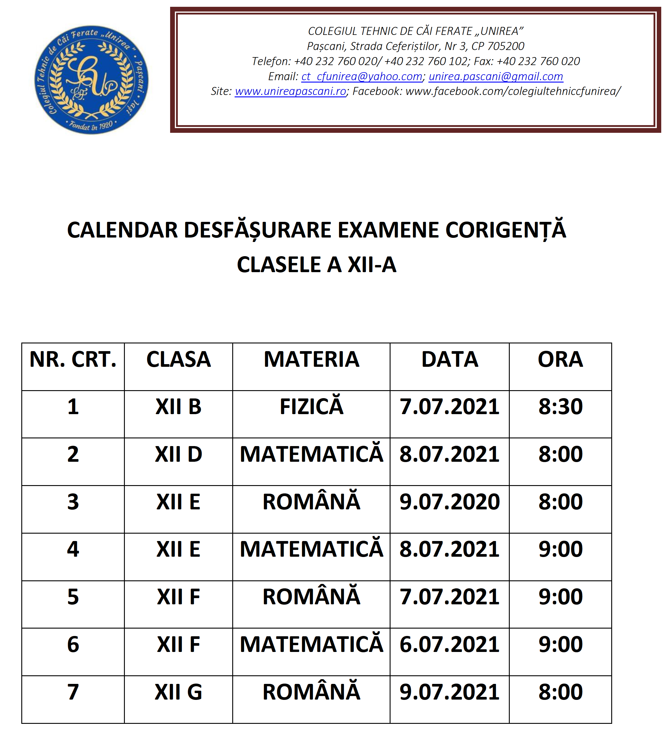 <h3>
Calendar desfășurare examene de corigență clasele a XII-a</h3>